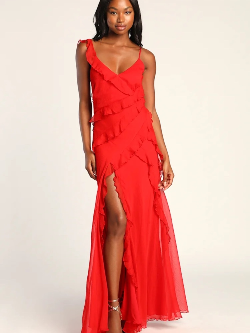 Lulu's Red Ruffled V-Neck Maxi with High Slit
